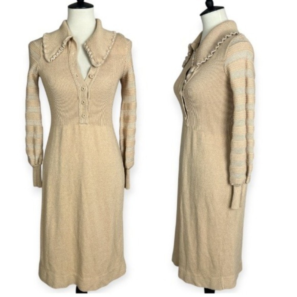 The Knit Group Vintage Ruffle Collar Dress Long Sleeve Stretch Knee Length Sz 12